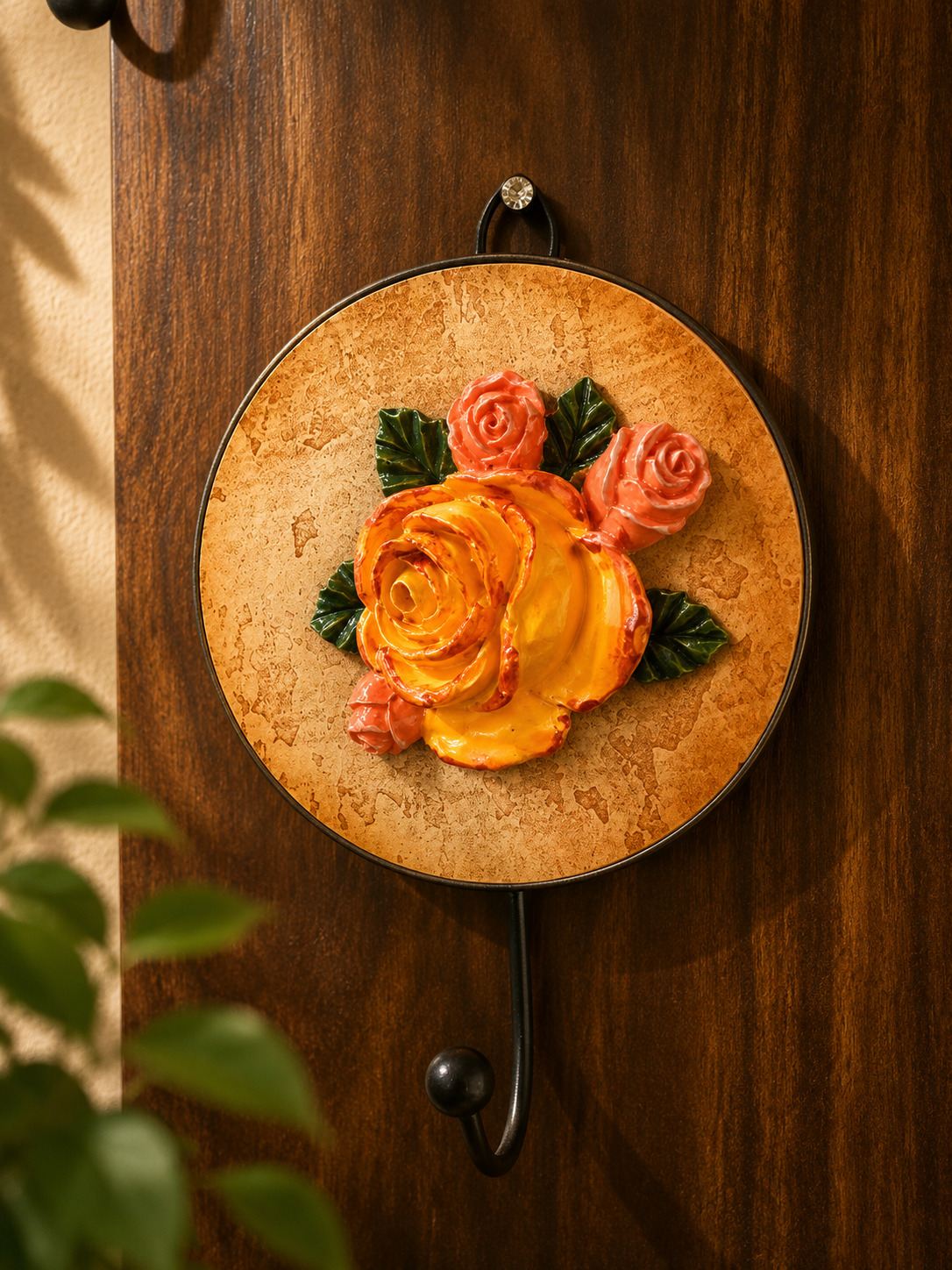 Wall Hook with Orange Rose Floral Design