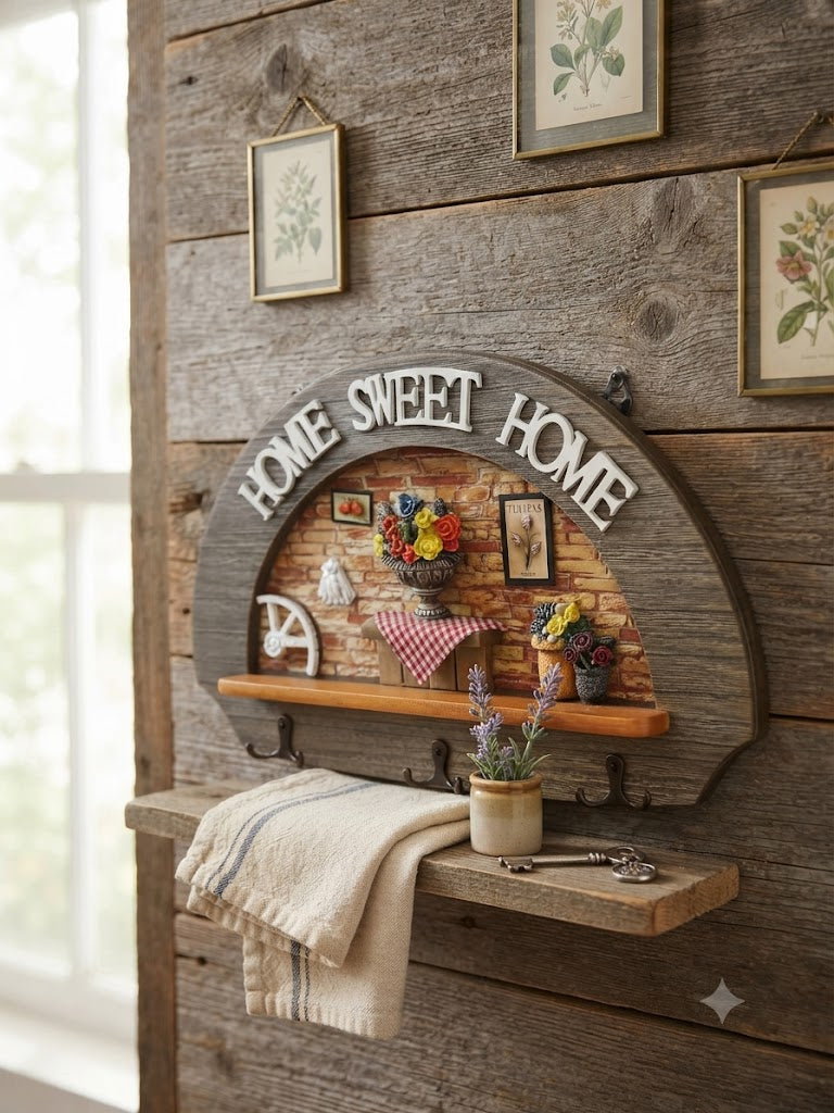 Wooden Key Holder & Wall Shelf