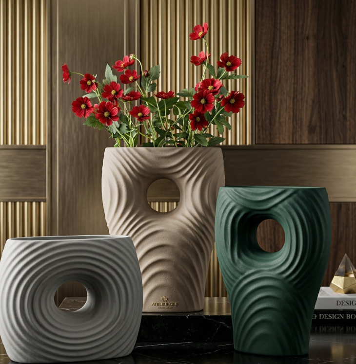 Modern Rippled Ceramic Vase Set